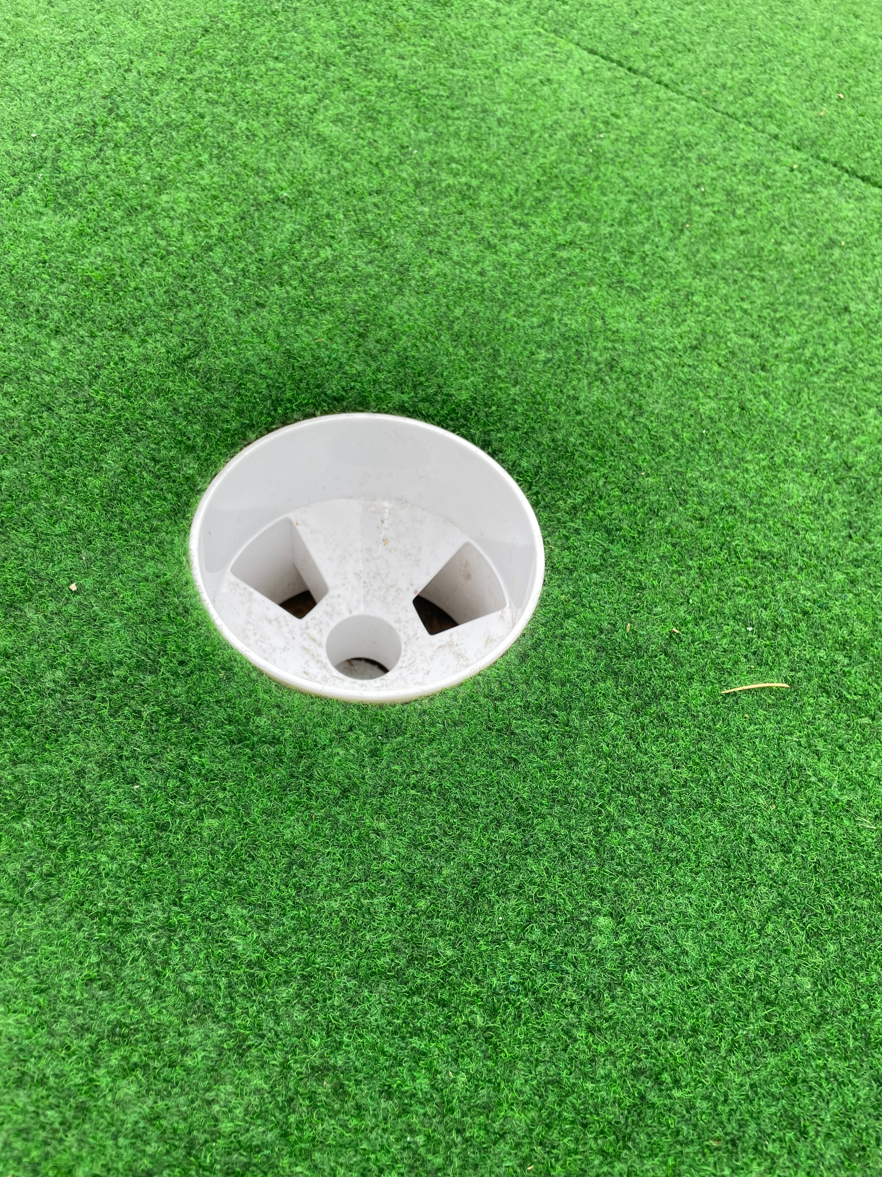 Close-up of hole cup flush in premium artificial putting green turf